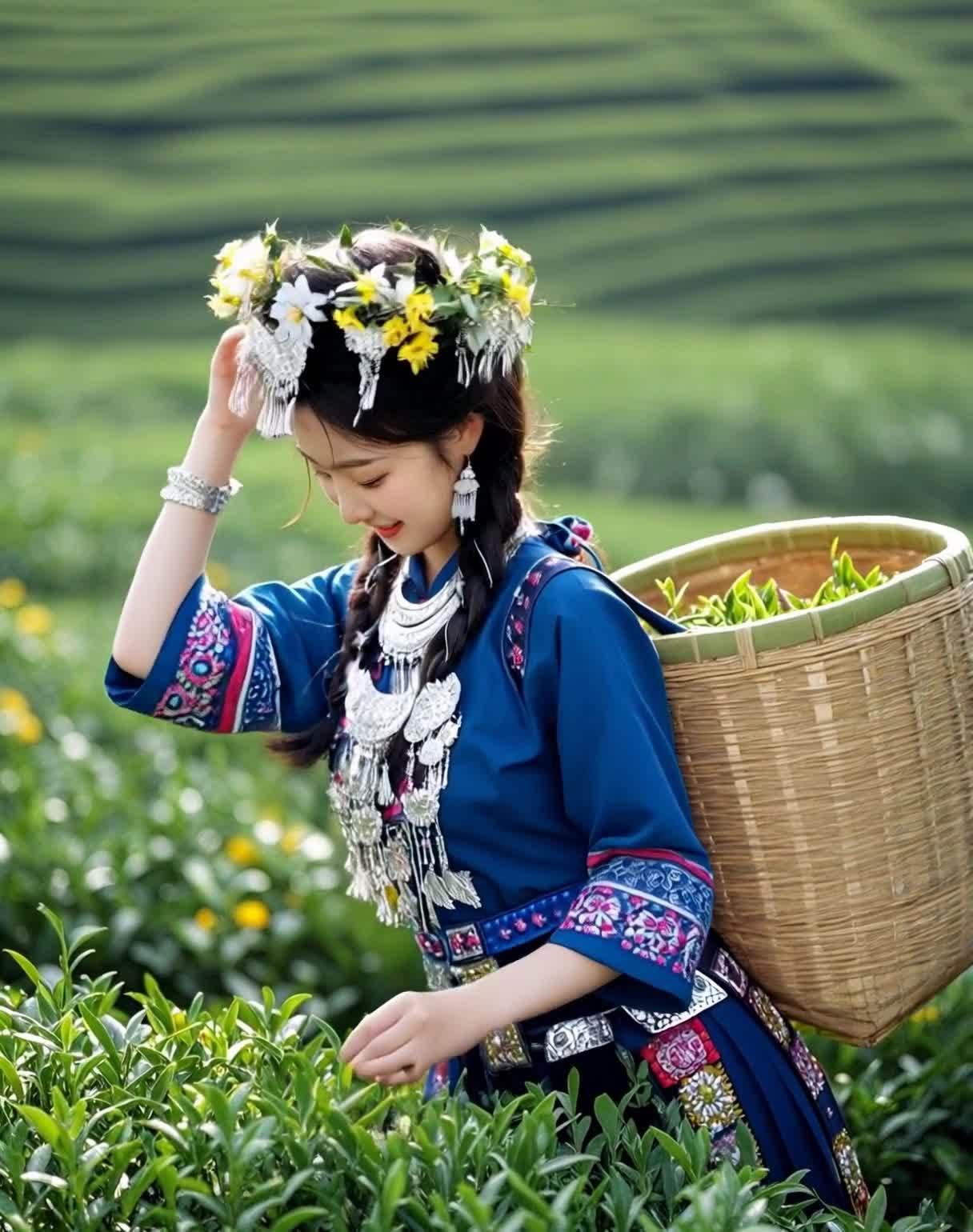一位头戴花环、身着蓝色民族服饰的苗族姑娘，低头采茶
