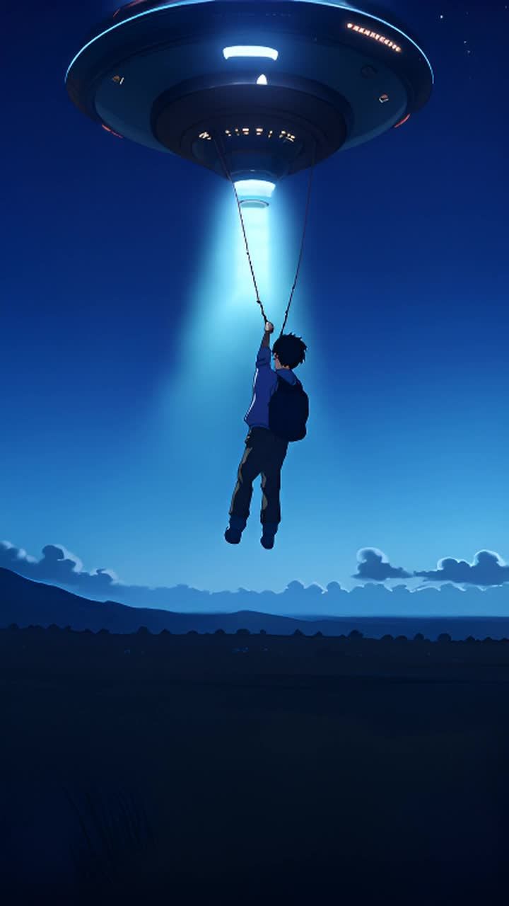 夜空中，一个UFO悬停在空中，一道蓝色的光束从UF
