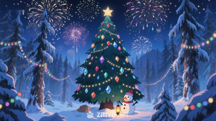 雪夜中的圣诞树与烟花 507