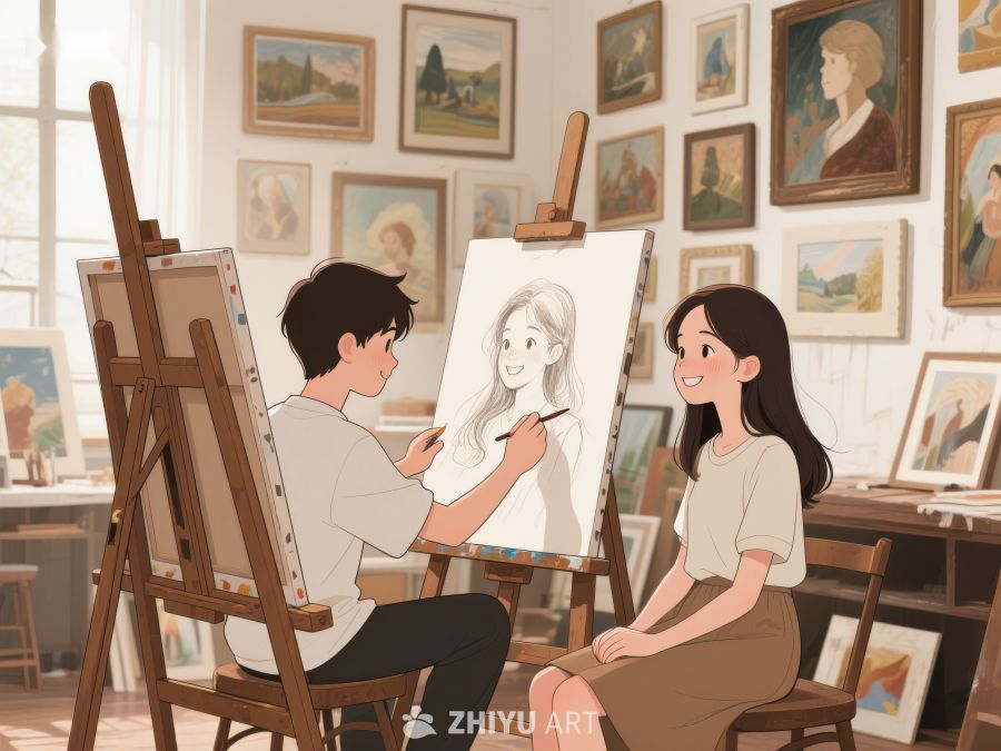 画家为模特画像的温馨场景 384
