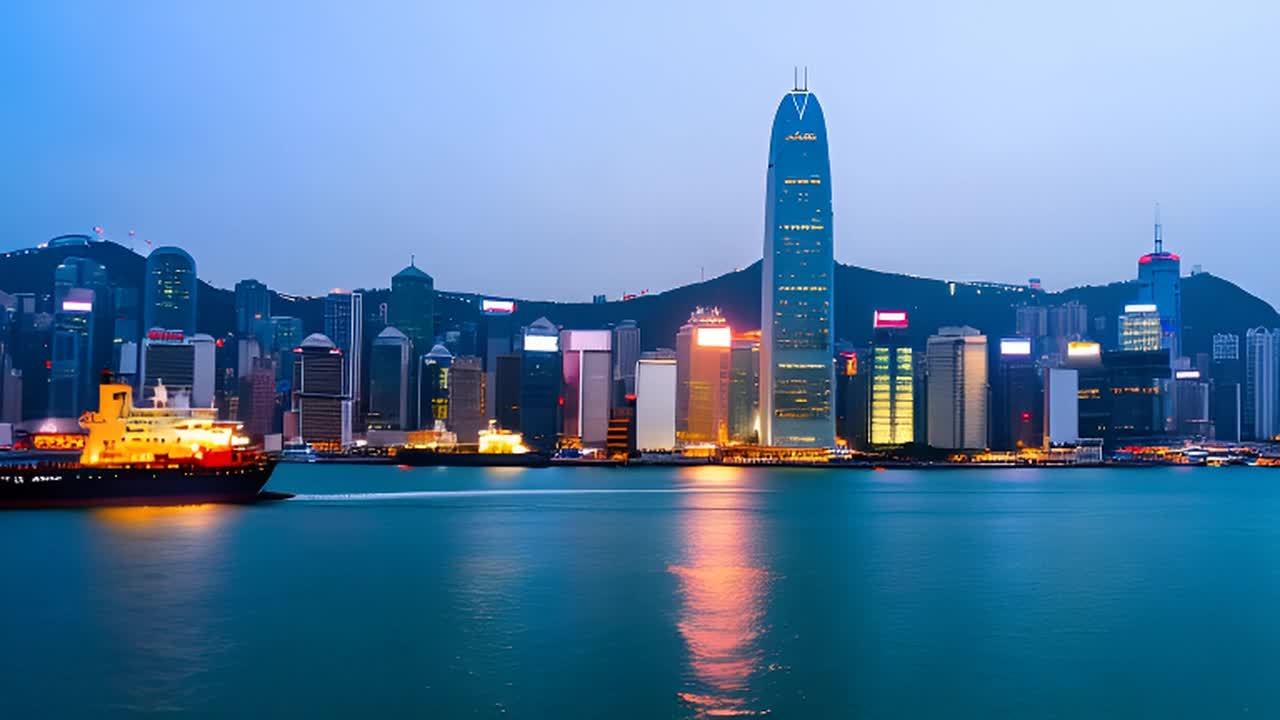 香港的城市天际线在暮色中显现，海港中有船只。镜头位