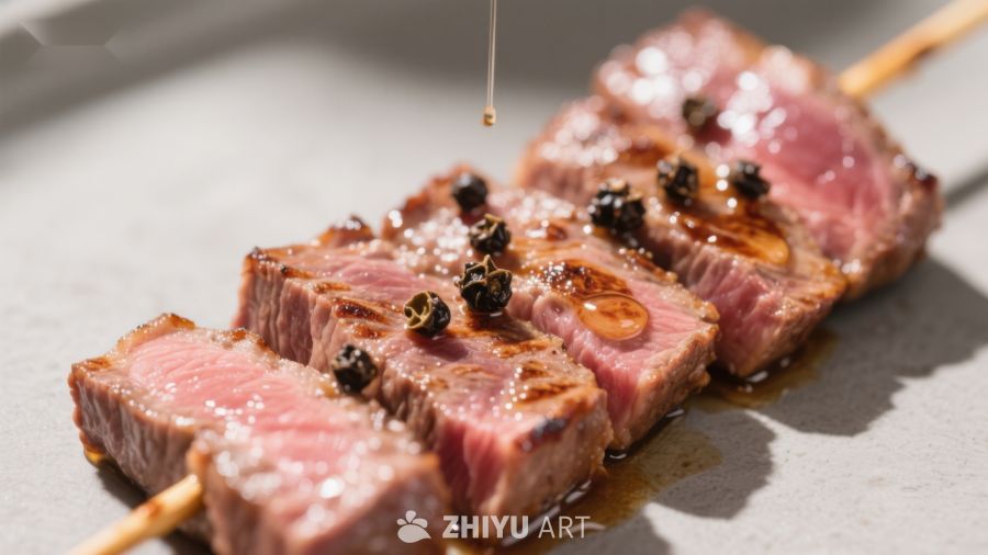 烤肉串上的美味牛肉片