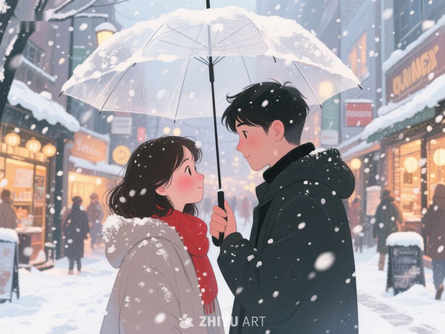 雪夜伞下情侣温馨对视 899