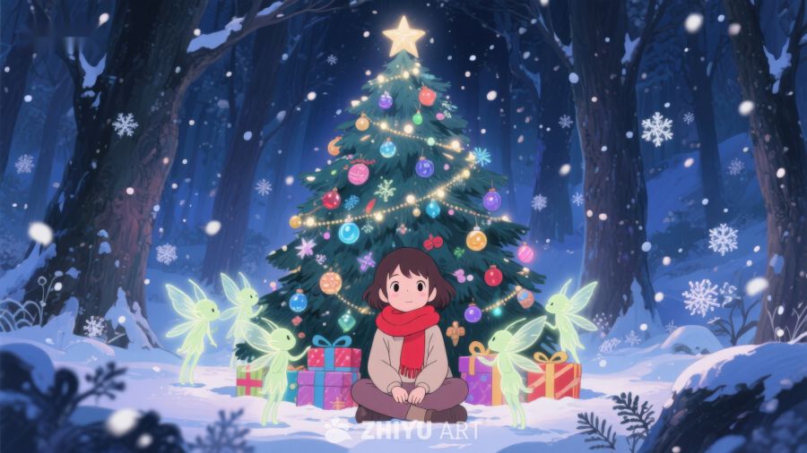 雪夜森林中的圣诞树与小女孩 381