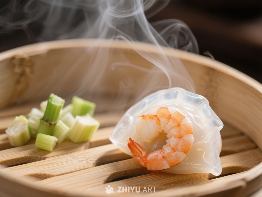 蒸笼中的鲜虾饺与青葱 867