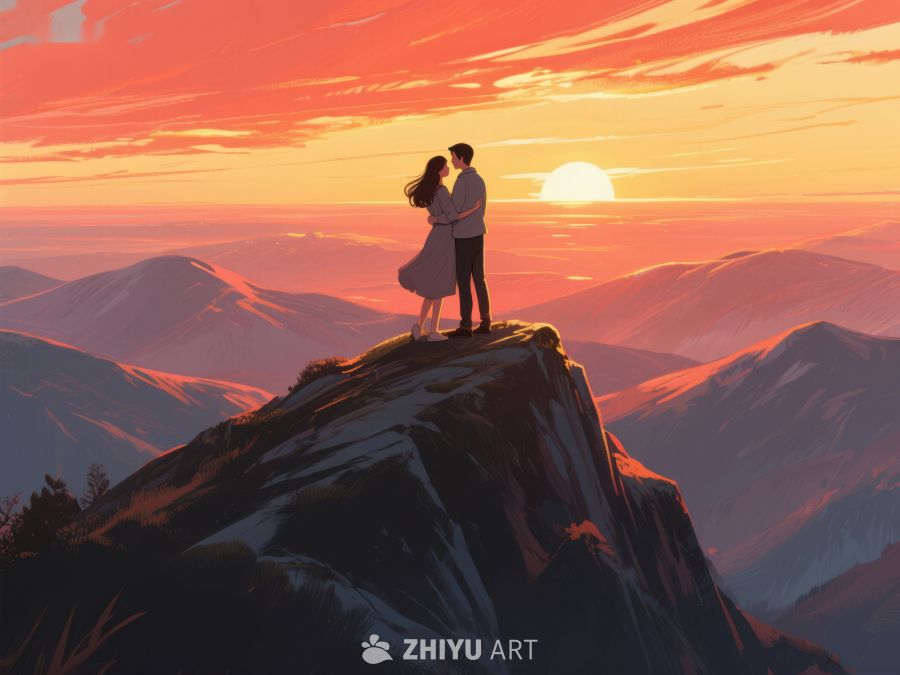 山顶情侣拥抱，夕阳映照山峦 649