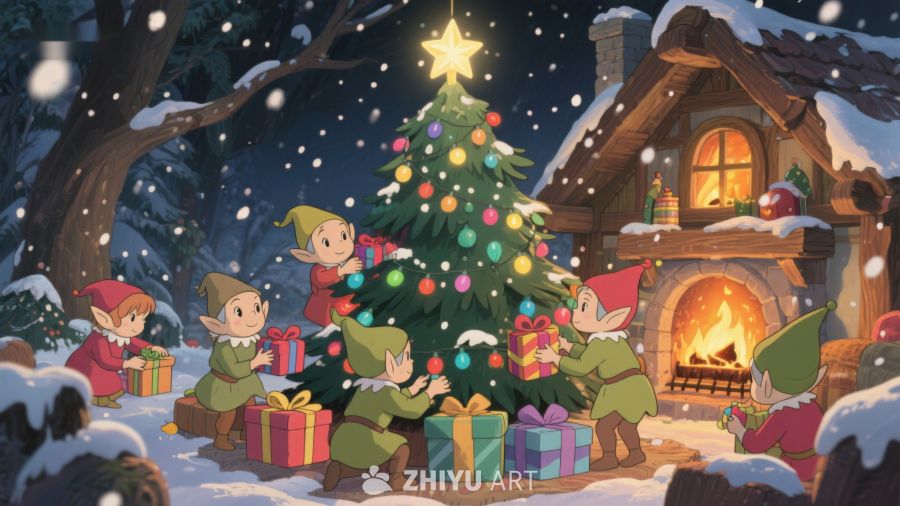 精灵围绕圣诞树庆祝节日 121