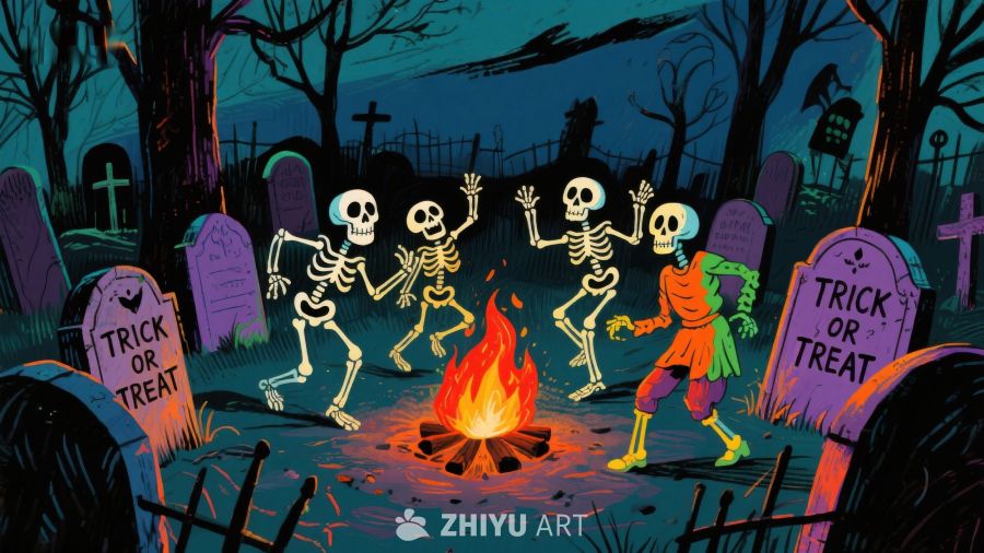 墓地篝火旁的骷髅舞会