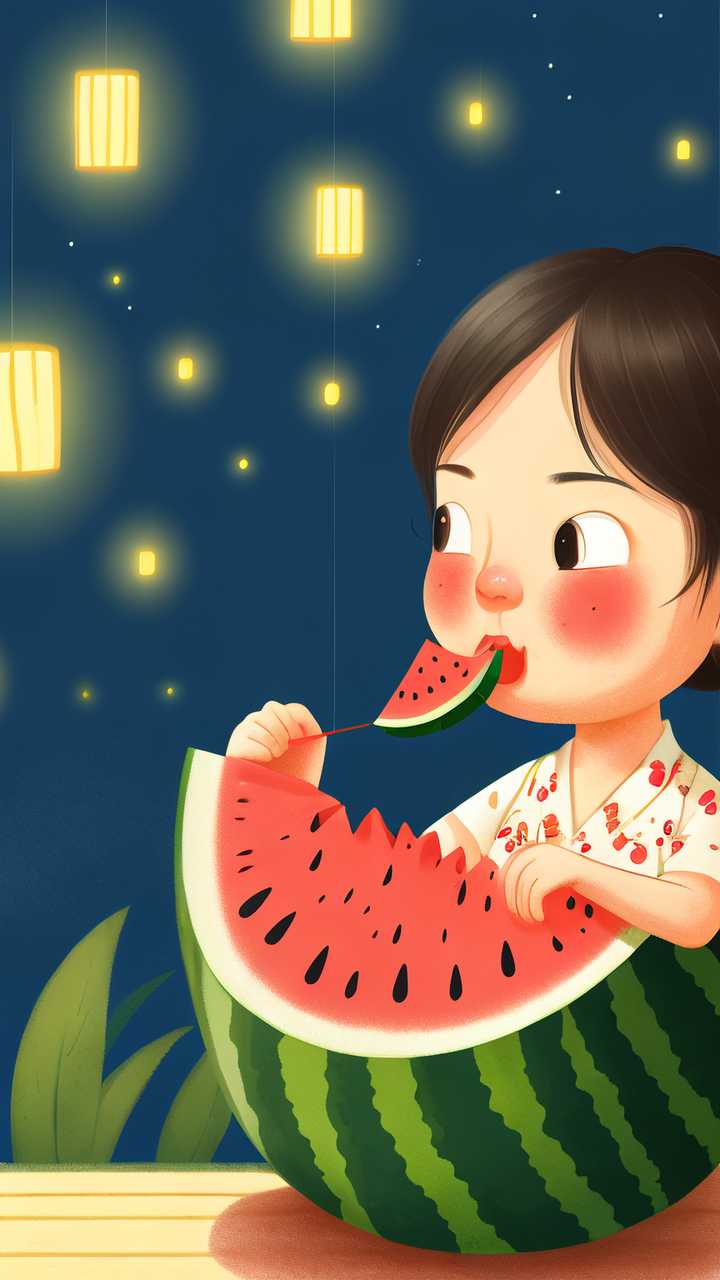 夜晚女孩吃西瓜插画