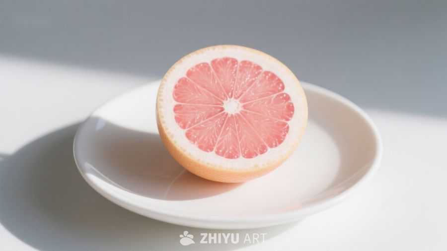 切开的葡萄柚置于白色盘中 379