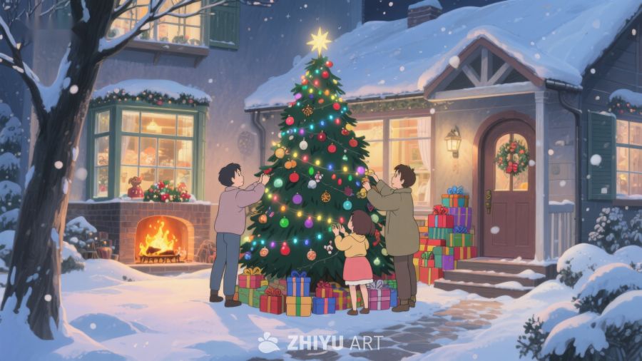 雪夜家庭共饰圣诞树 364