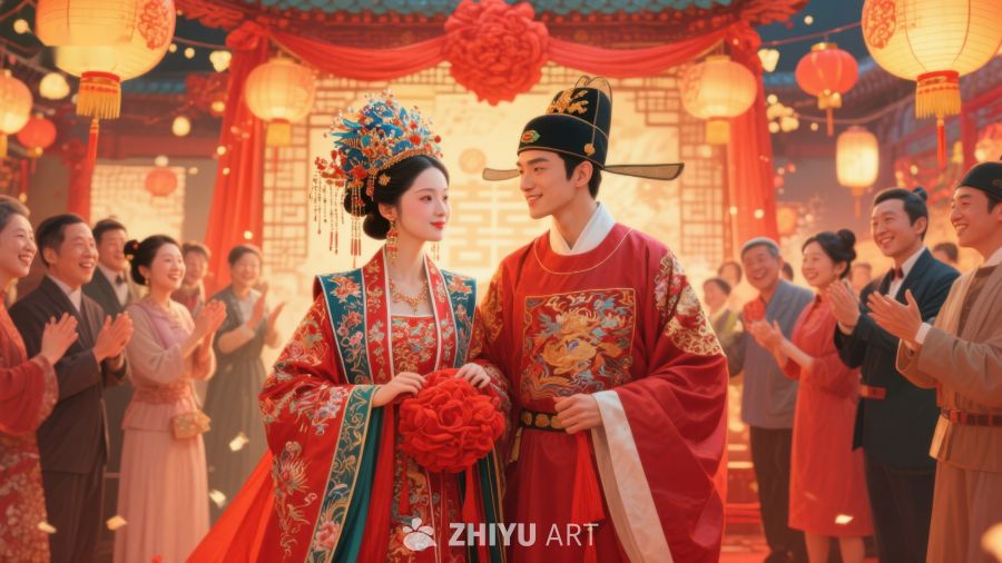 传统婚礼现场，新人身着华丽服饰 41