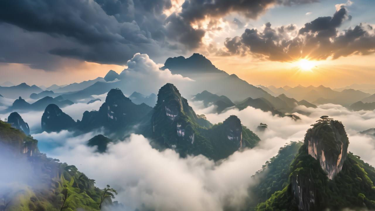 航拍福建武夷山九曲溪日出日落云海延时 14