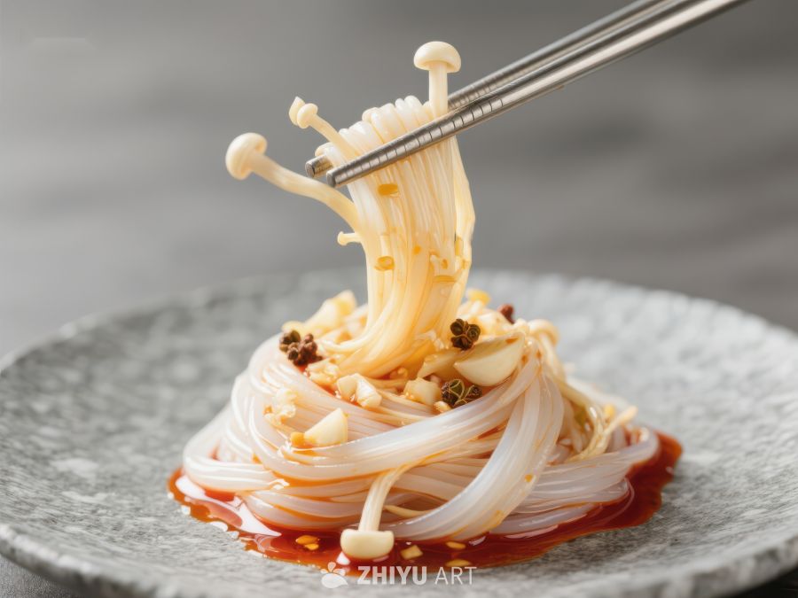 筷子夹起金针菇拌粉，美味诱人 682