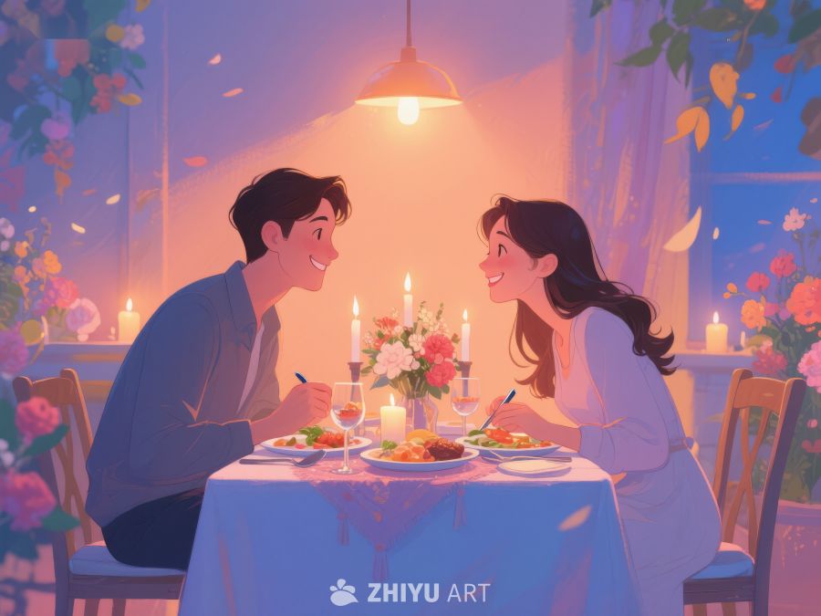 浪漫晚餐：情侣在温馨烛光下共享美食 443