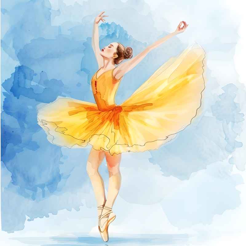 水彩剪贴画，一个可爱的芭蕾舞演员穿着黄色的裙子 3