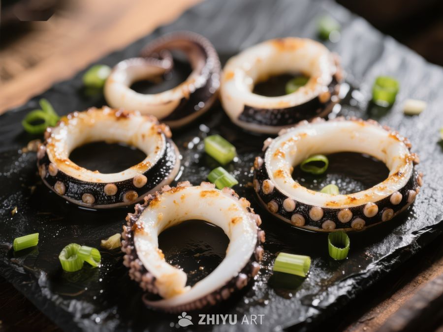 美味鱿鱼圈配青葱点缀