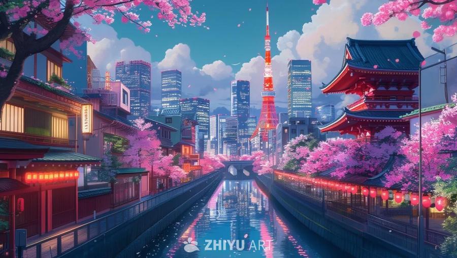 吉卜力风格的东京景色：画面中可见河流，河流两旁是盛