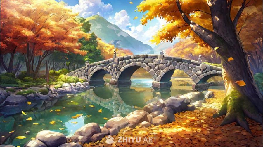 一座长满苔藓的石桥横跨一条清澈平静的河流。树木呈现