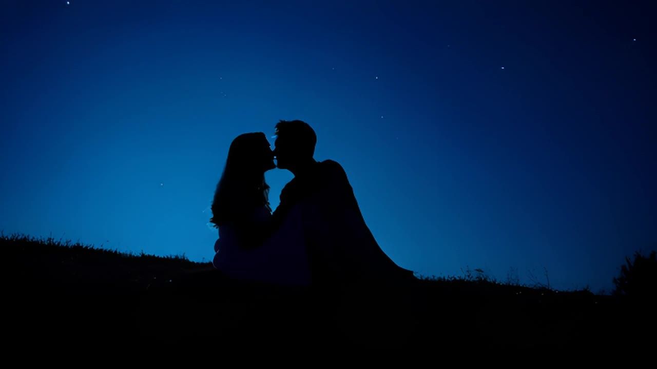 两个人坐在户外，夜色笼罩，月光照射在他们身上。他们