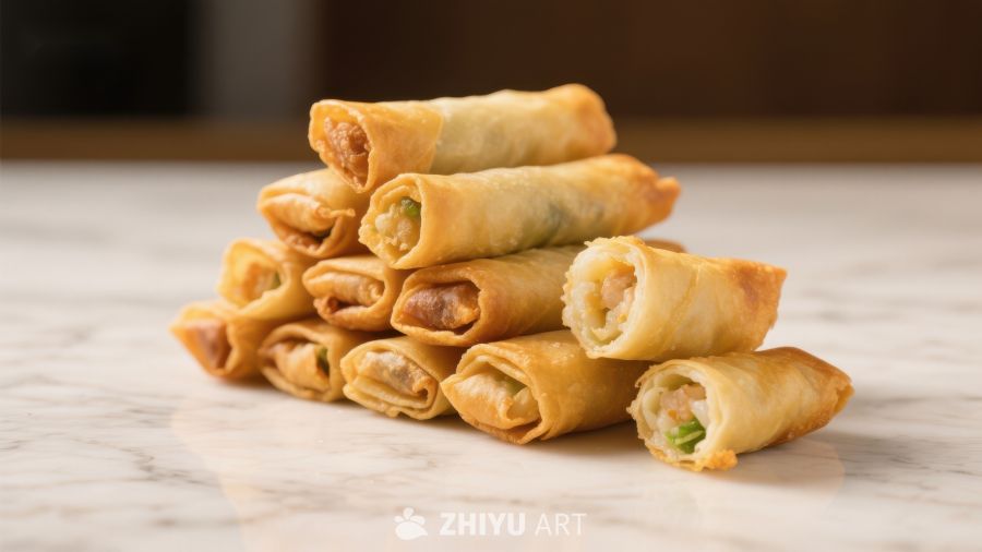 金黄酥脆的春卷堆叠