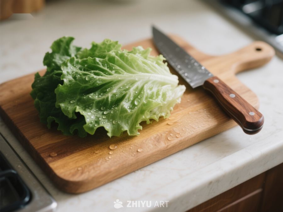 生菜与刀置于木砧板上 320
