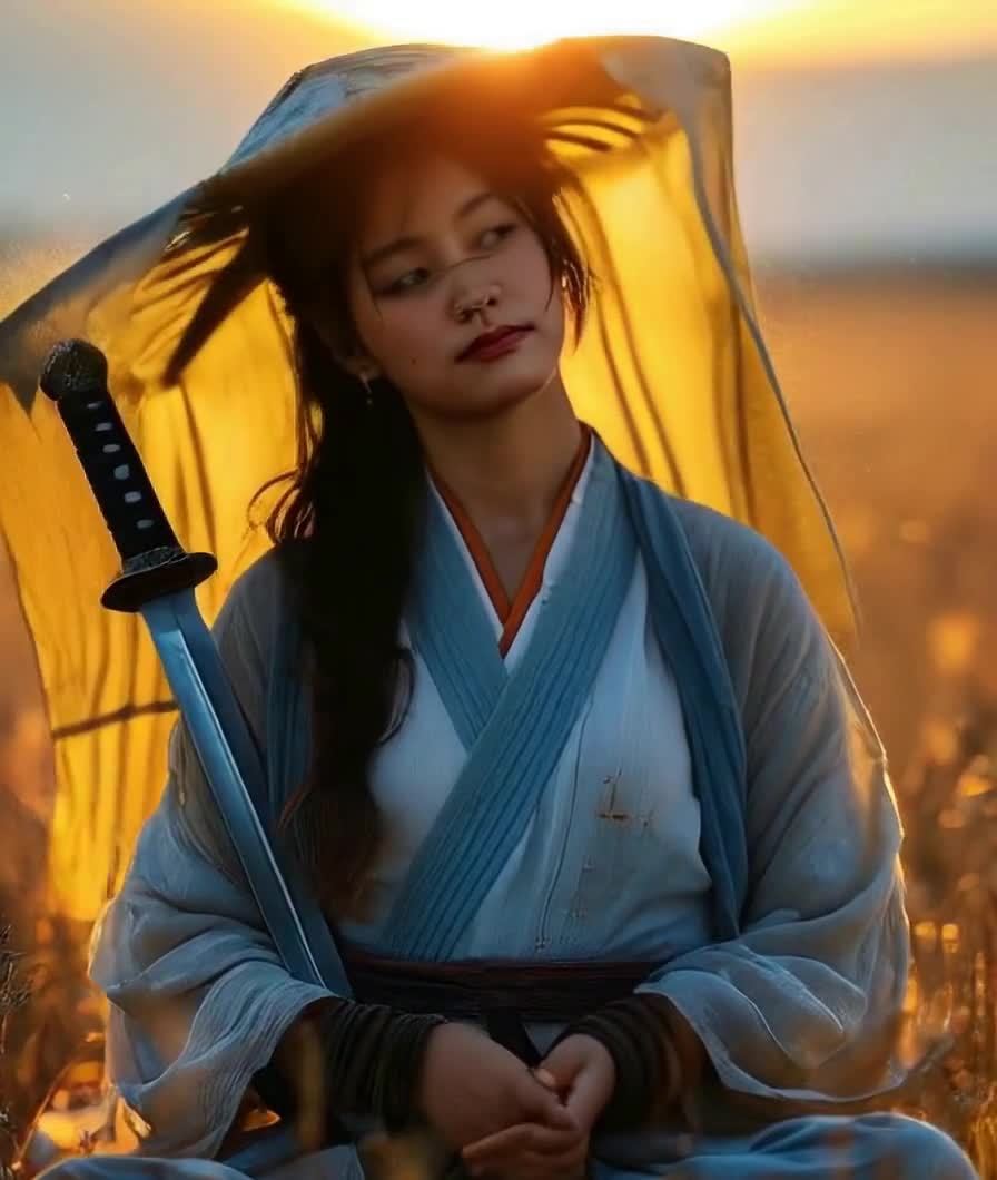 田野日落下的斗笠女剑士冥想