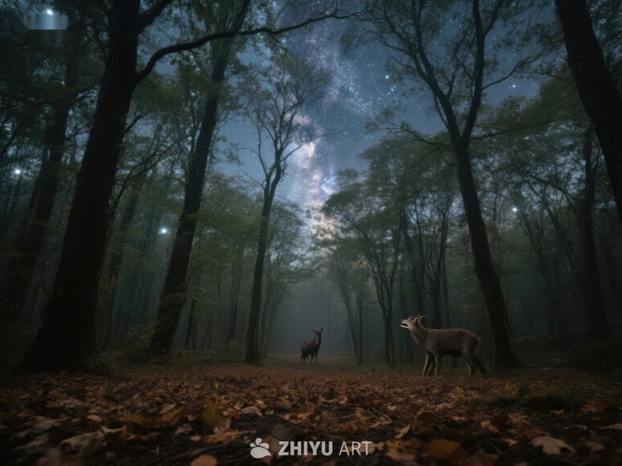 夜林中的鹿与星空 466
