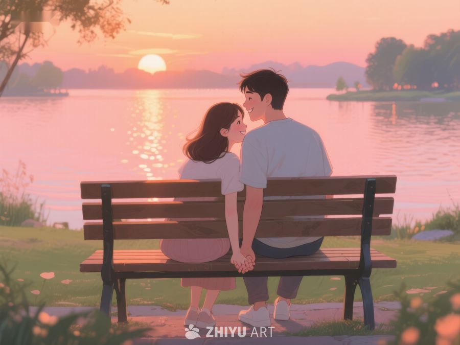 湖畔黄昏，情侣相依 280
