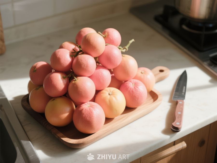 新鲜桃子堆放在厨房砧板上 518