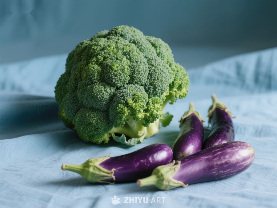 新鲜西兰花与茄子的静物组合 736