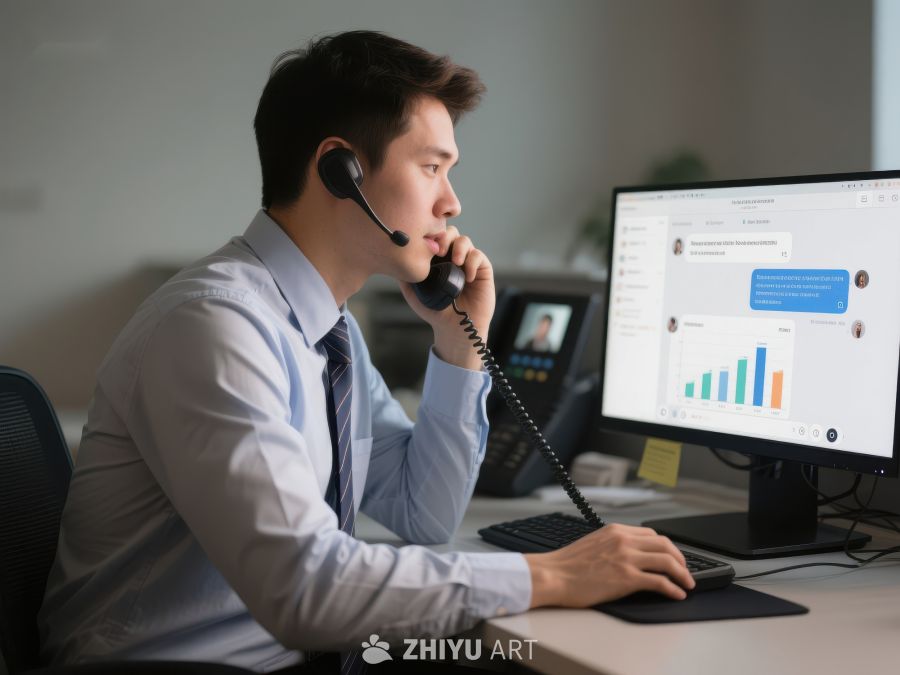 客服人员正在使用耳机与客户通话 227