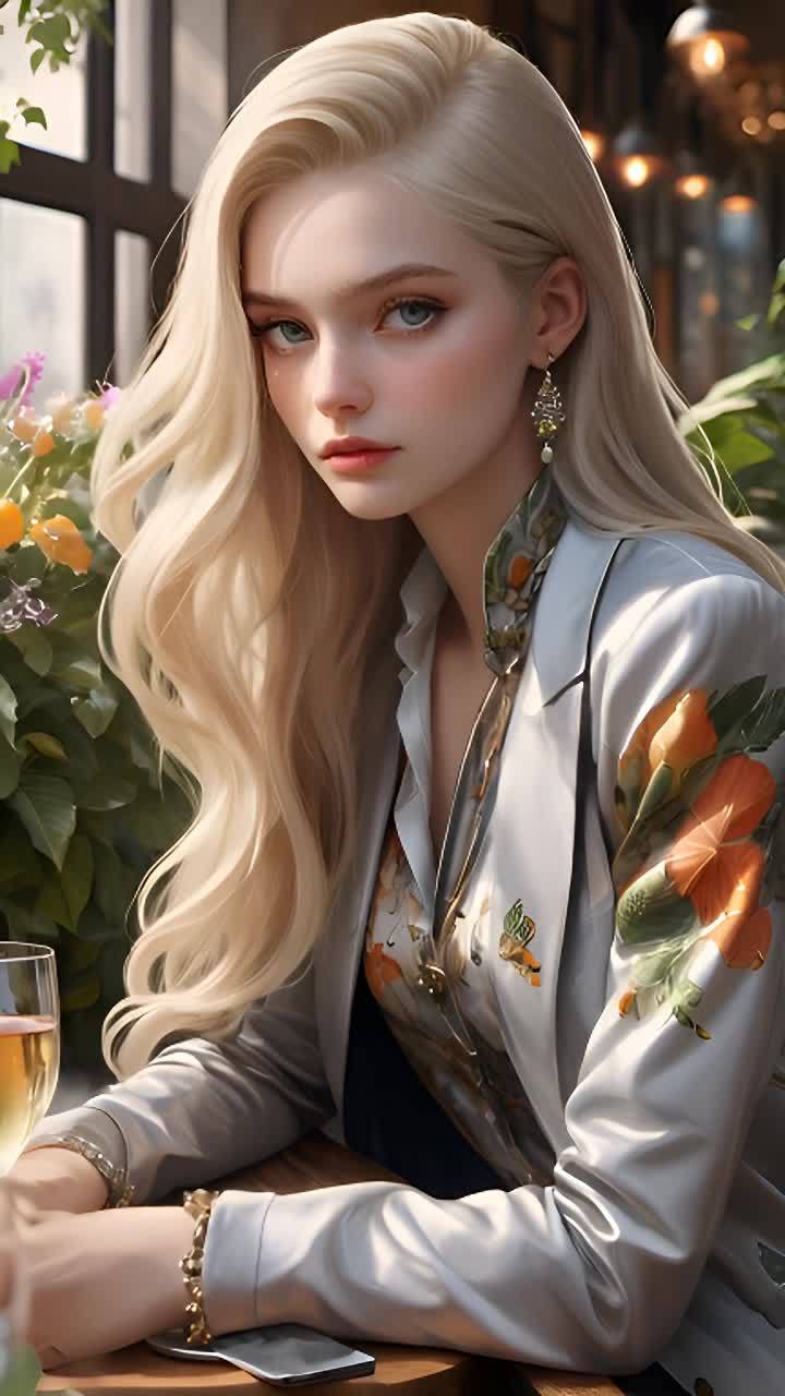 一位金色长发女子坐在桌旁，她穿着一件带有橘色花卉图
