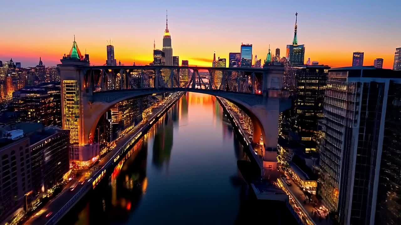 灯光闪烁的城市，一座拱桥横跨河流，有汽车在桥上行驶