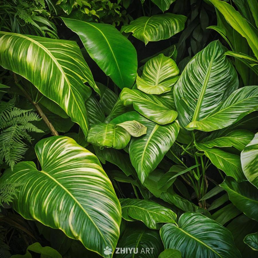 一片繁茂的绿色背景，布满了各种植物和树叶。前景中显
