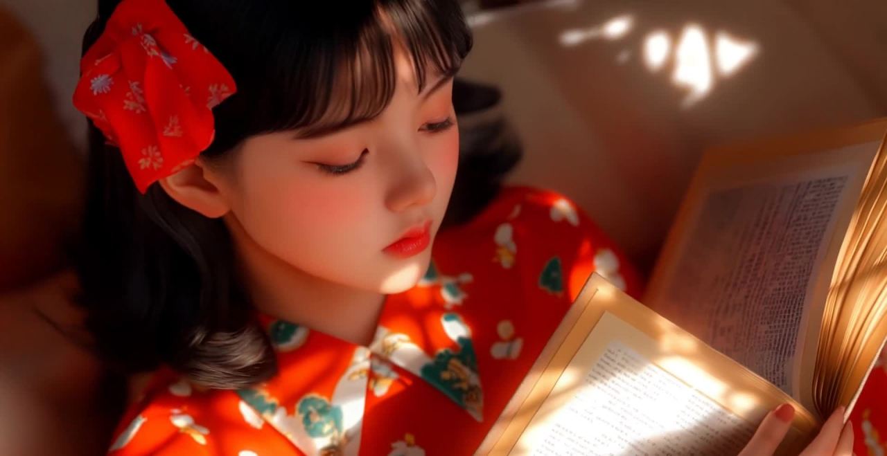 一个漂亮的女人专注地看书，书页上泛着彩虹般的光芒。