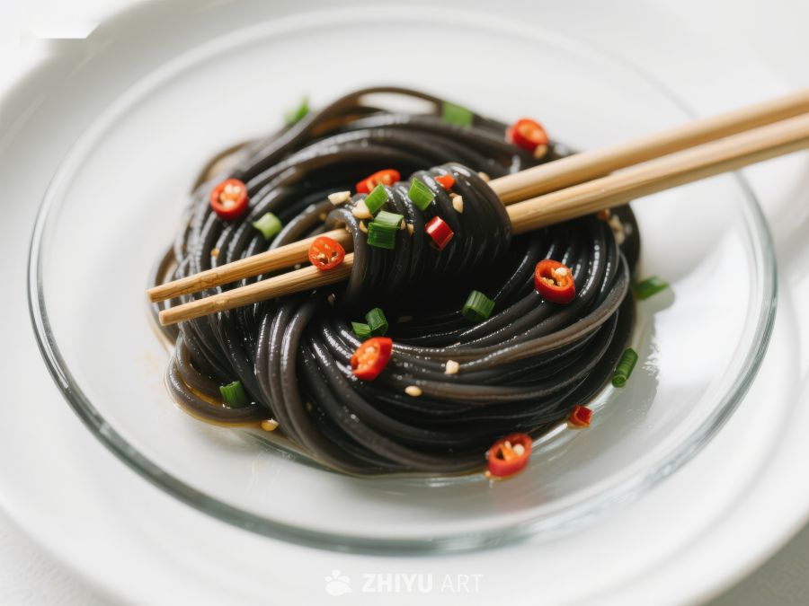 黑面条配辣椒和葱的美食特写 229