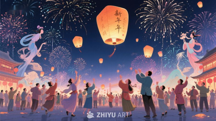 新年夜空下的欢庆场景 1064