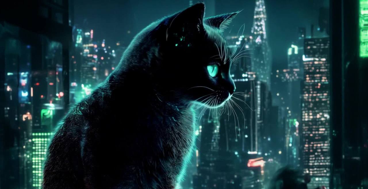 一只带有微发光毛发的猫蹑手蹑脚地穿过画面，背景是赛