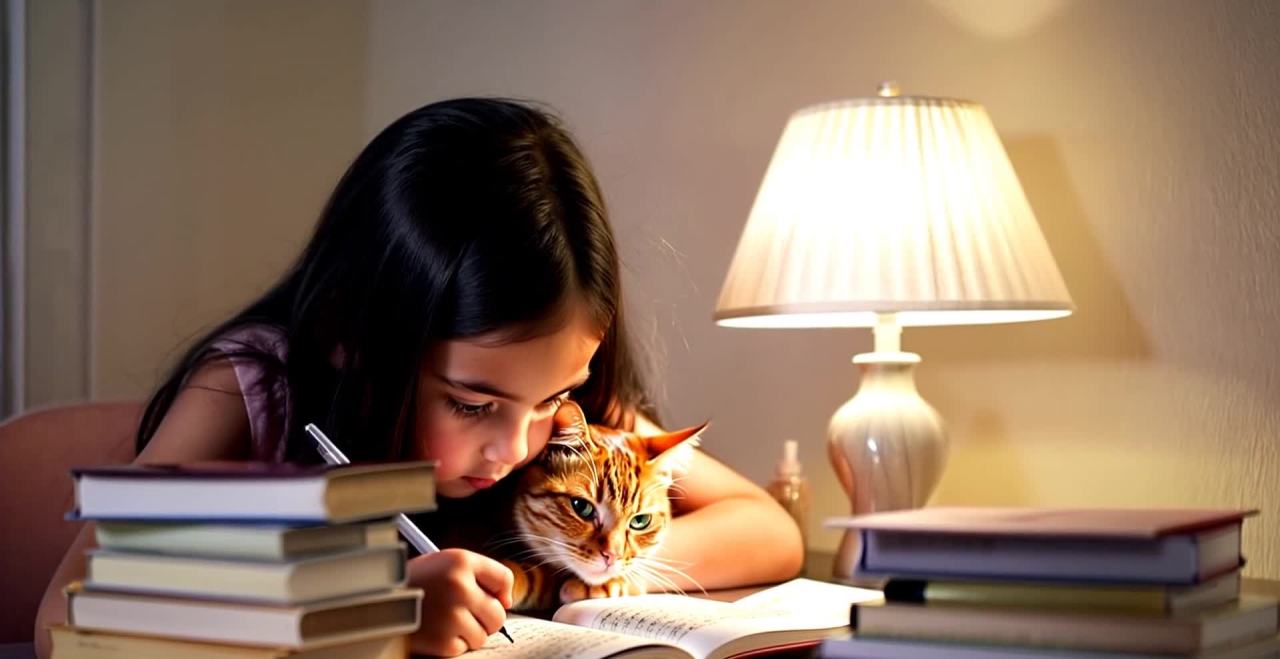 女孩在台灯下学习，橘猫陪伴，温馨氛围。
