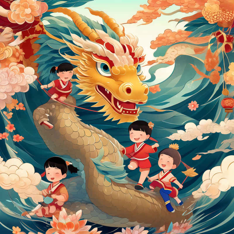 小孩骑着中国龙，中国龙年新年插画 2
