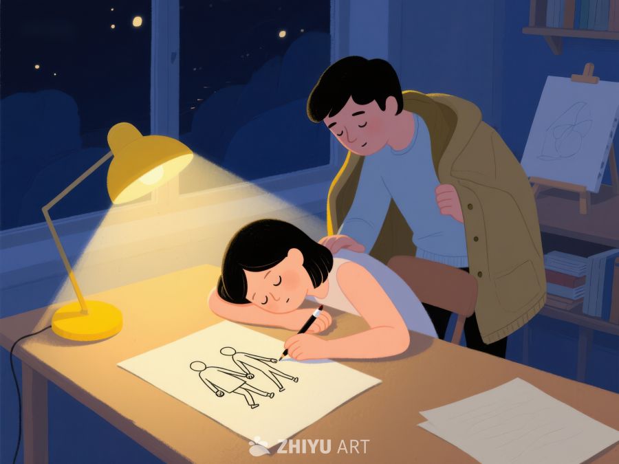 夜灯下，男子轻抚熟睡女子的头 1000