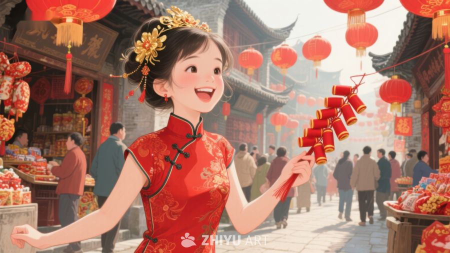 女子手持鞭炮，喜庆街头迎新春 716
