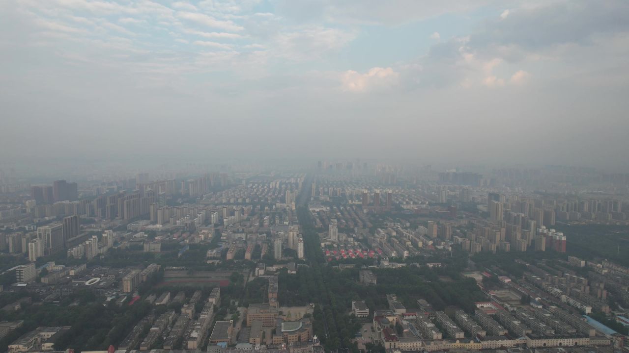 山东淄博清晨城市迷雾日出彩霞航拍 