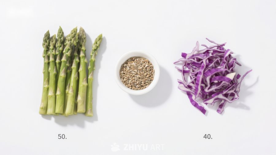 芦笋、亚麻籽与紫甘蓝食材展示