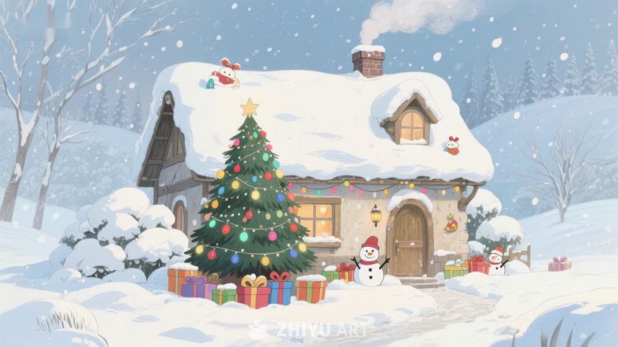 雪景中的温馨小屋与圣诞树 342