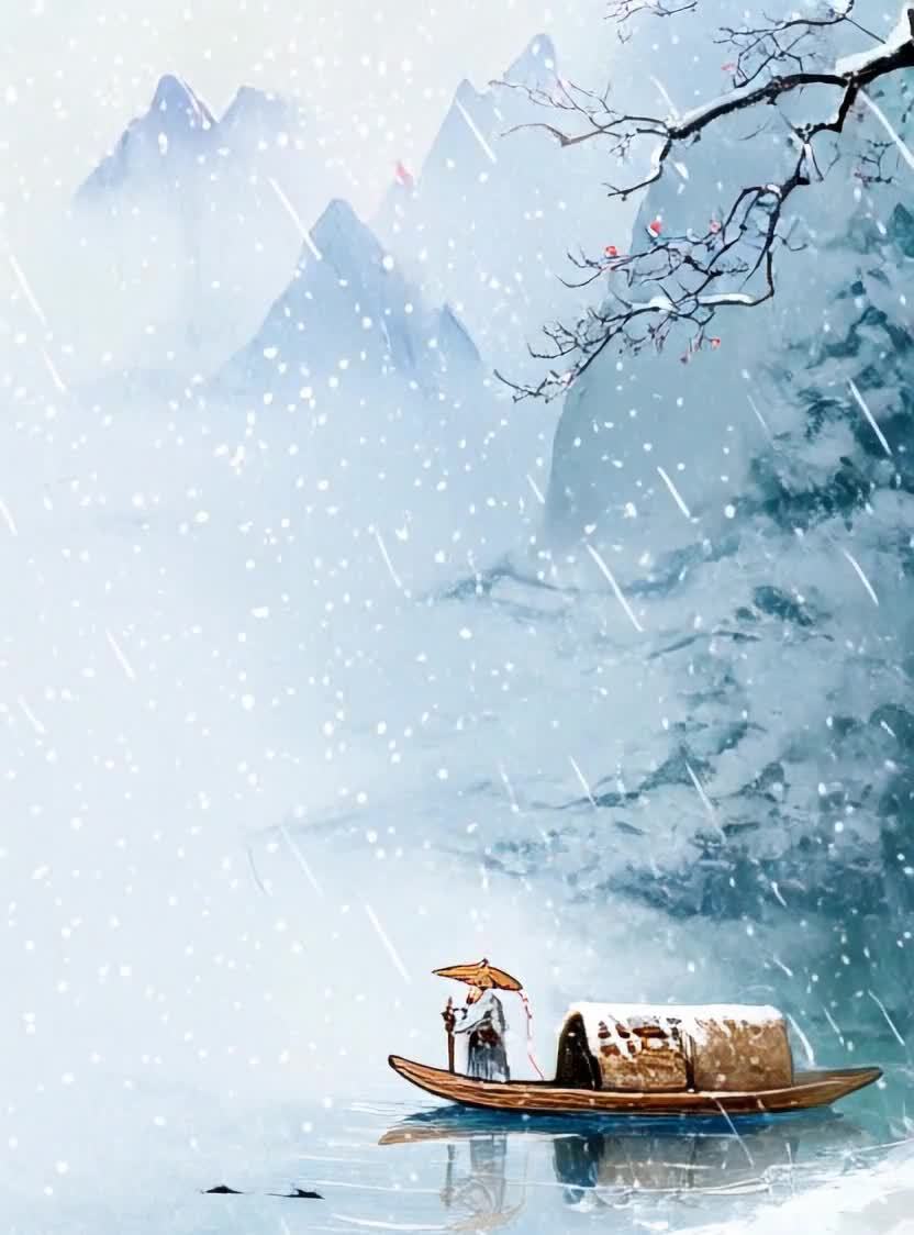 鹅毛大雪从天而降，覆盖着远处的山峦。一条小船在水面