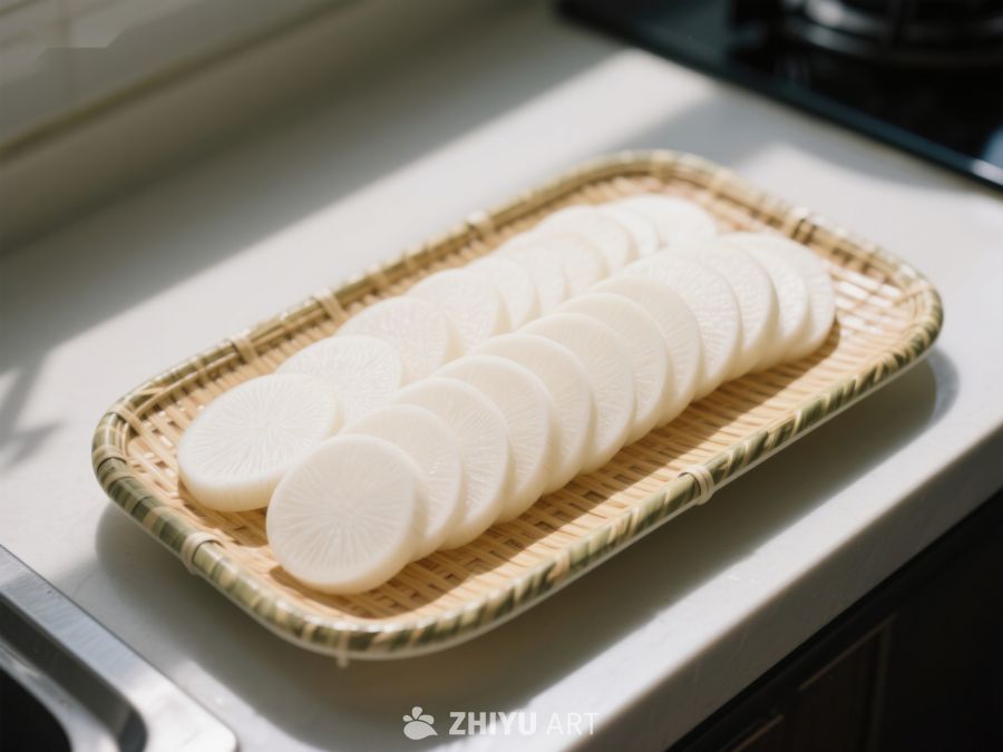切片萝卜置于竹编托盘 326