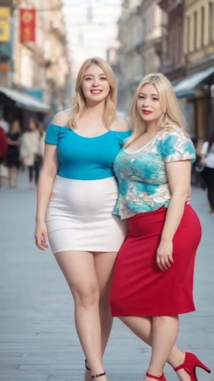 两位金发女性街头合影，服饰颜色对比鲜明。