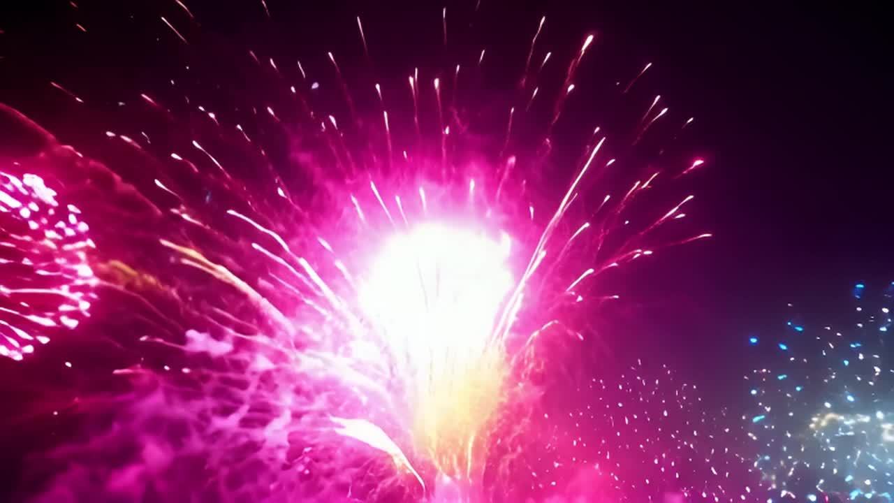 夜空中绽放着粉色、黄色和蓝色的烟花，烟花在空中呈现